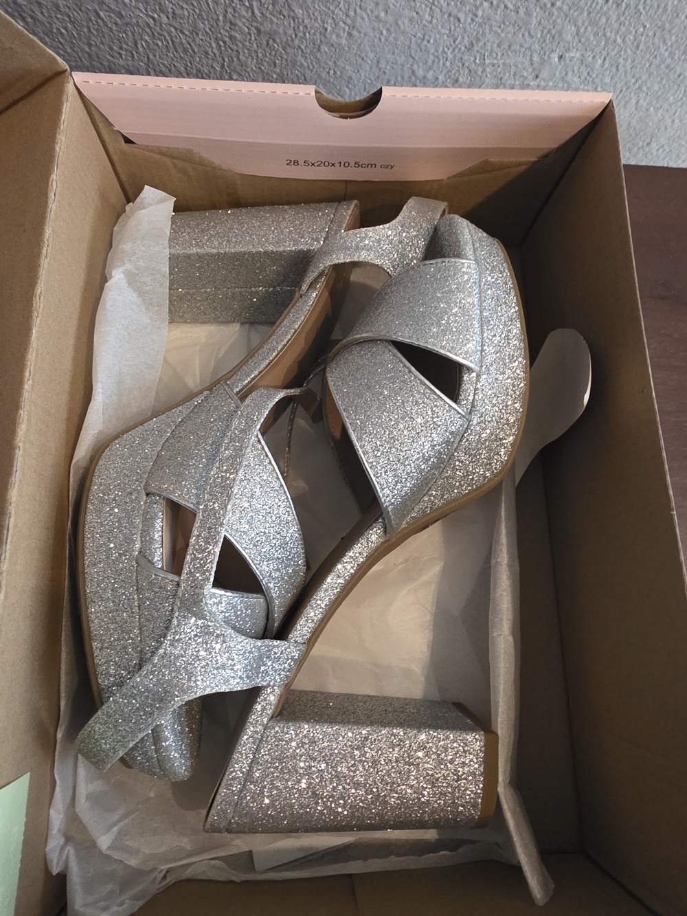 Jellypop Silver Glitter Chunky Heel Sandals Size 8.5m